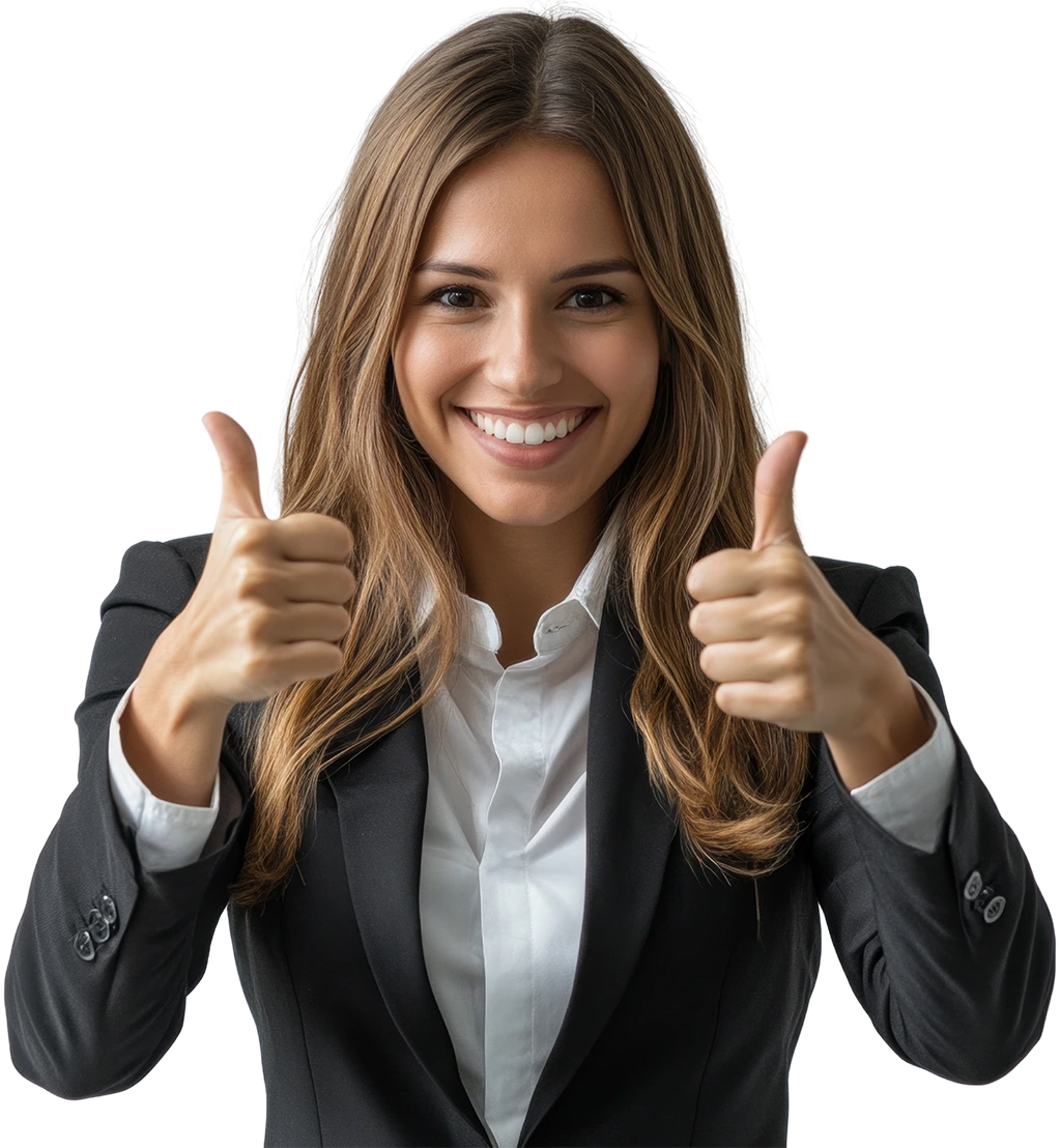 AI generated image: Happy smiling female giving thumbs up.